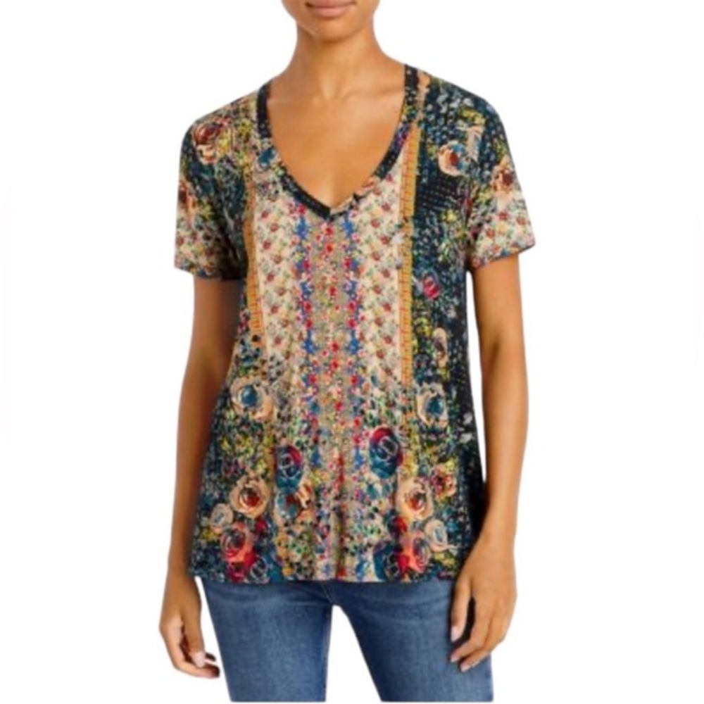 Johnny Was Forever Favorite V Neck Swing Floral Patchwork Skyflower Tee Shirt